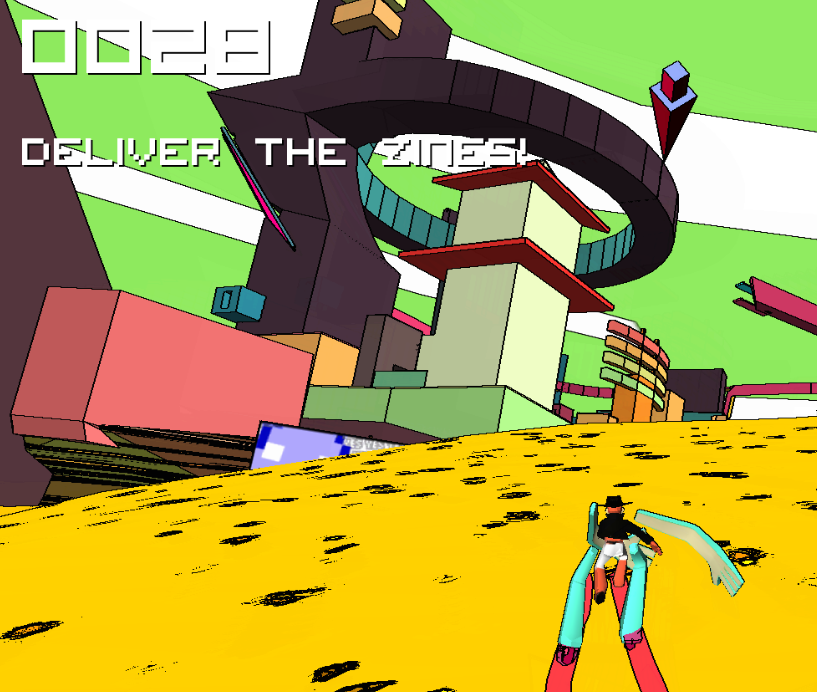 A winged rollerskater heads across the yellow desert to a brightly coloured town at 28 kmph. "DELIVER THE ZINES!"