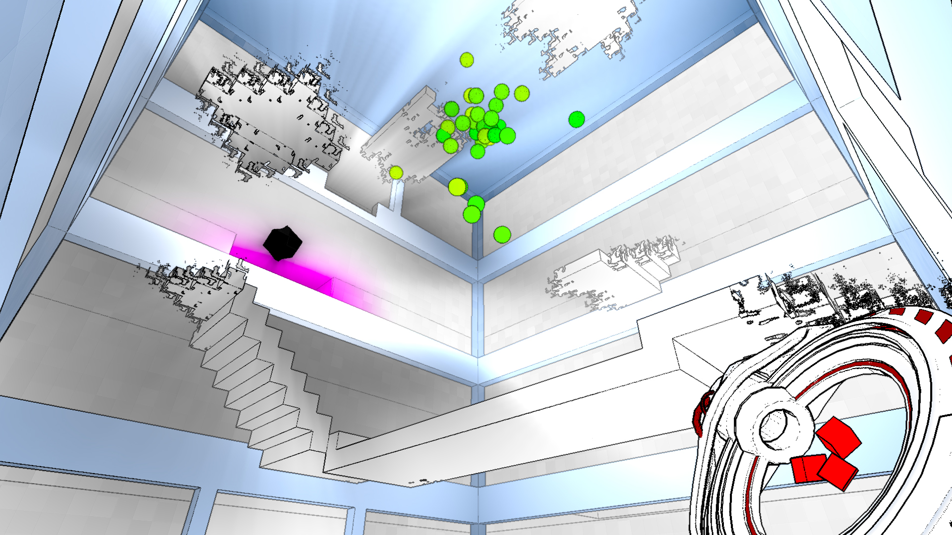 White shapes dissolve and condense in the air above as green spheres vibrate.