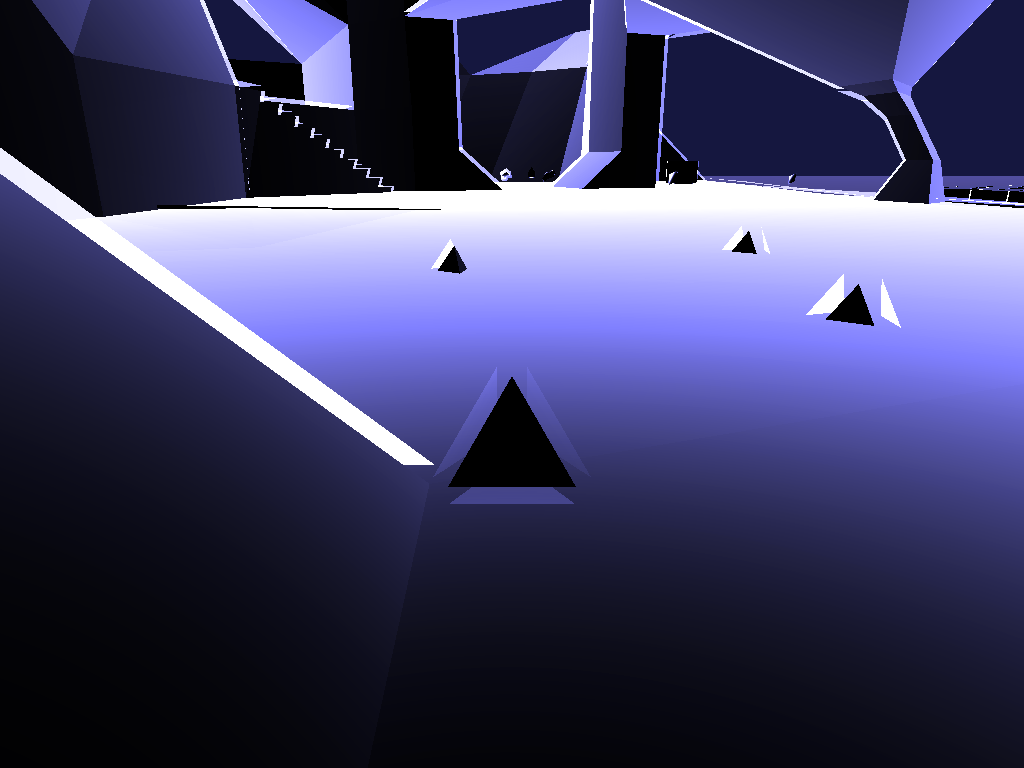 A blue and black landscape of low-res geometry where 2-cells and 3-cells don't even meet.