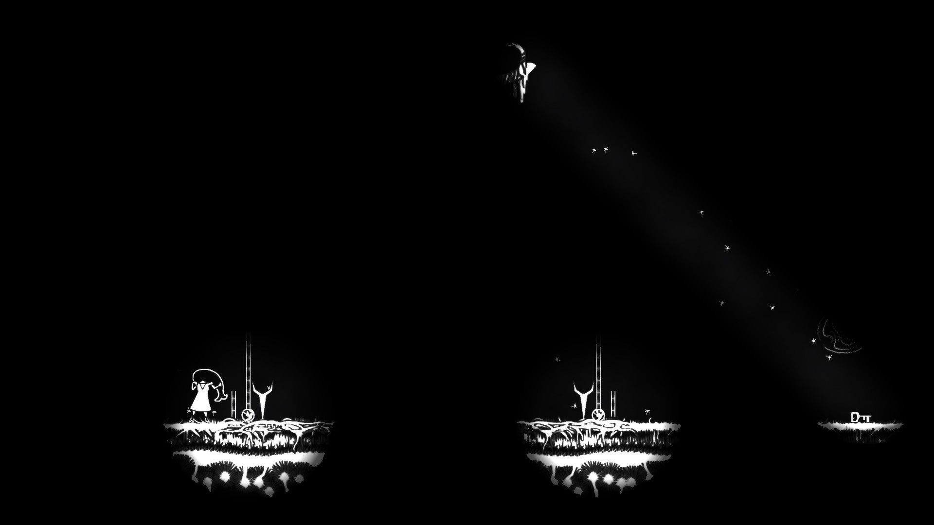 A girl stands on in a small pool of light, observing another pool off in the distance.