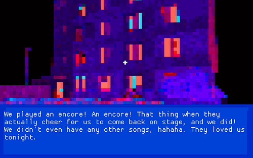 A very pixelated purple block of flats with a textual description below.