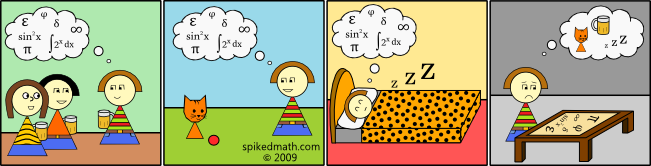 A 4-panel comic with watermark "spikedmath.com © 2009.". Panel 1: protagonist is at a drinks party talking with friends, but has thought bubble containing mathematical symbols. Panel 2: protagonist is playing with a cat and a ball, but has a thought bubble containing mathematical symbols. Panel 3: Protagonist is trying to sleep in bed but has a thought bubble containing mathematical symbols. Panel 4: protagonist is staring sadly at a page containing mathematical symbols, but has a thought bubble containing a cat, a beer and some zzzzzs.