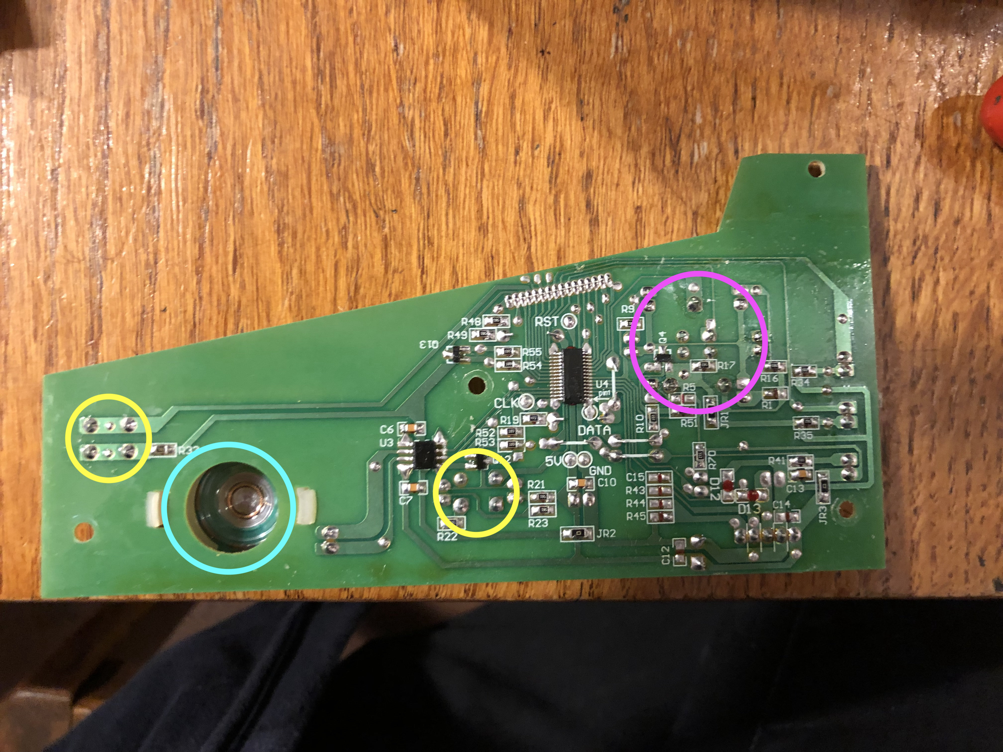 Flip side of the board again with the same components highlighted.